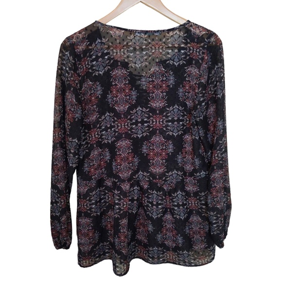 Black Floral Lace up Boho Tunic Top with lace up front - Picture 6 of 14